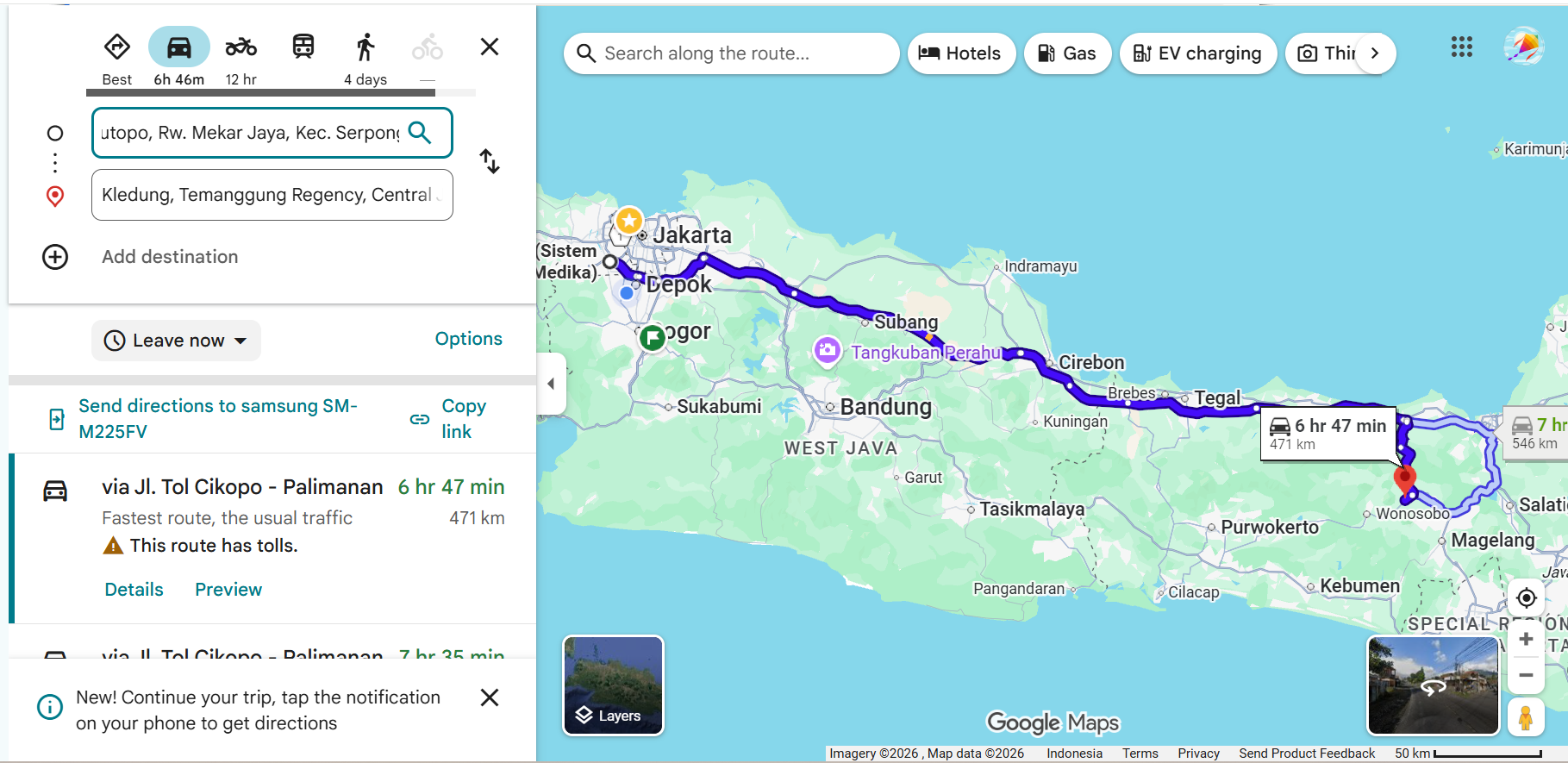 Estimasi rute Jakarta ke Basecamp Kledung via tol